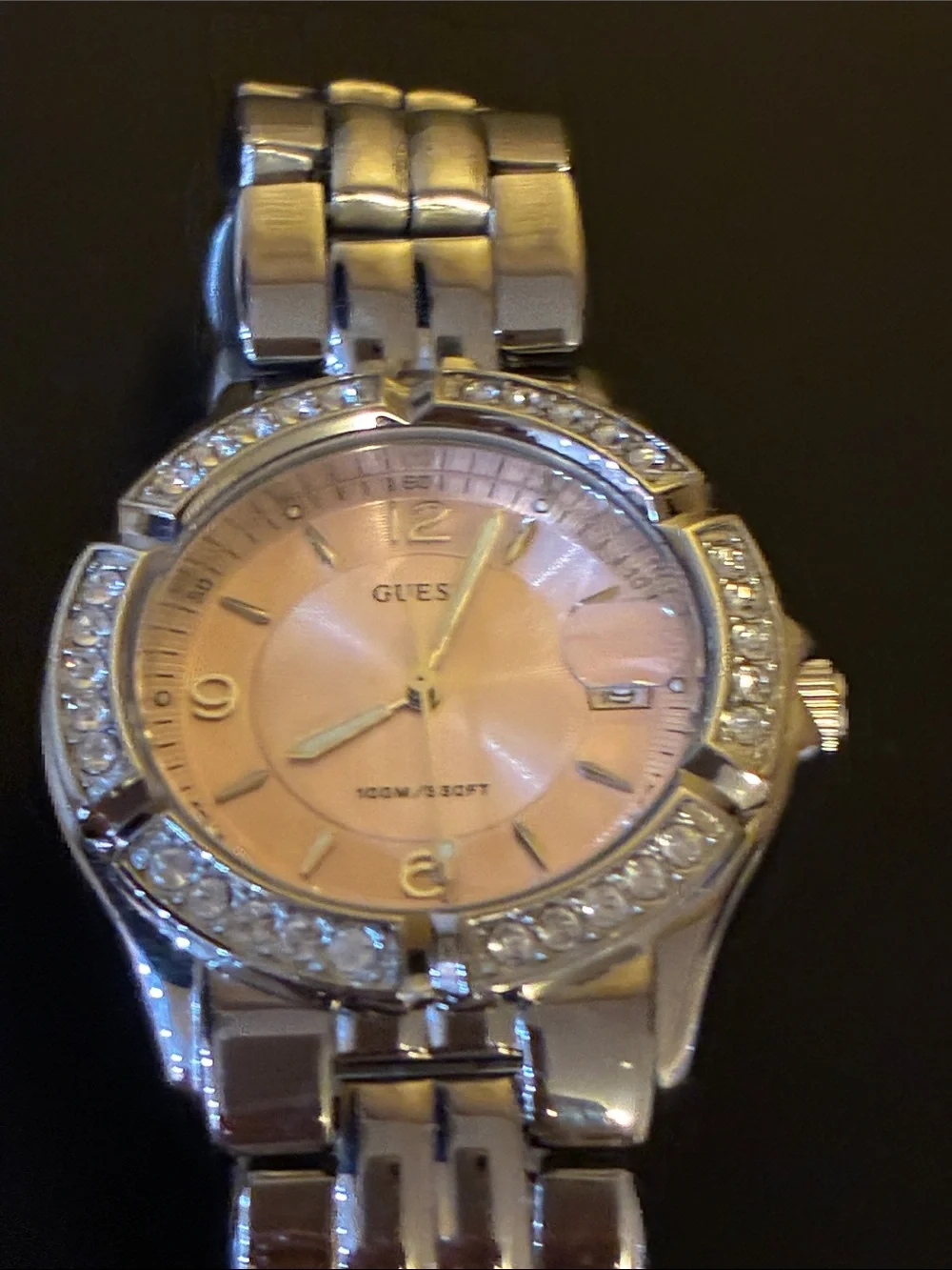 GUESS Silver Bracelet Watch with Pink Dial and Crystal Bezel-PARTS